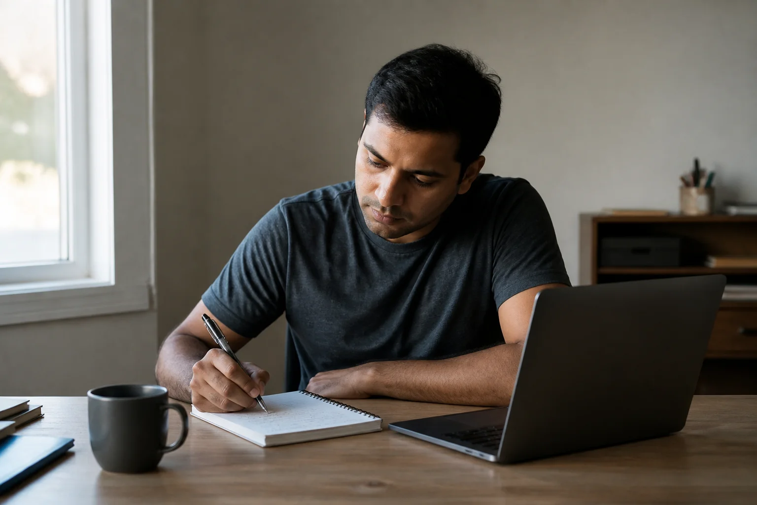 Newcomer bereitet sich zu Hause auf ein Gehaltsgespräch vor — Notizen und Recherche zu Markdaten.